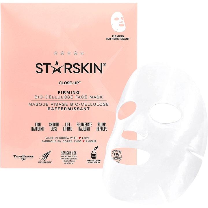 Starskin Close-Up Firming Bio-Cellulose Face Mask 1 stk opstrammende ansigtsmaske i lyserød pakke ved hvid sheet maske