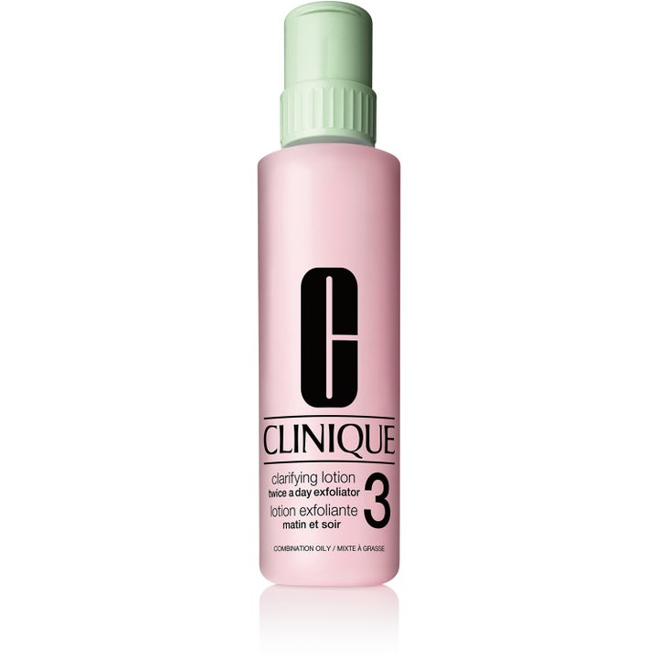 Clinique Clarifying Lotion 3 eksfolierende ansigtsvand til fedtet hud i en lyserød flaske med lysegrønt låg