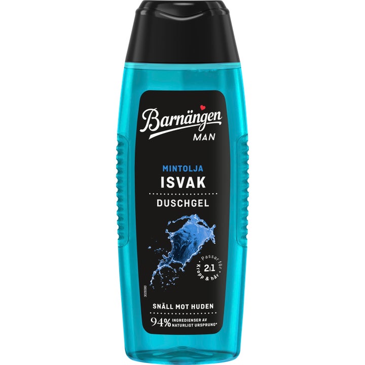 Barnängen Man Isvak 2i1 duschgel med mintolja i en turkis gennemsigtig flaske med sort låg og vandstænk