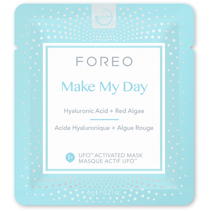 FOREO UFO Mask Make My Day 42 g fugtgivende sheet mask med hyaluronsyre og rødalger i lyseblå sachet