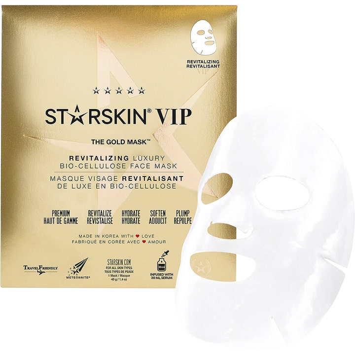 STARSKIN VIP The Gold Mask 40 g revitaliserende ansigtsmaske i guldpose vist med hvid sheet maske