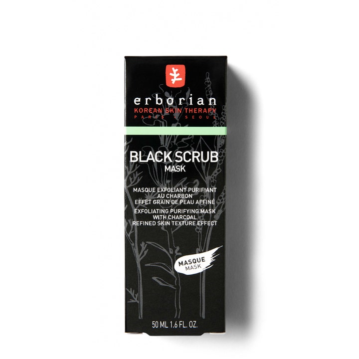 Erborian Black Scrub 50 ml rensende ansigtsskrub i sort papæske med kul der giver en forfinet hudtekstur.