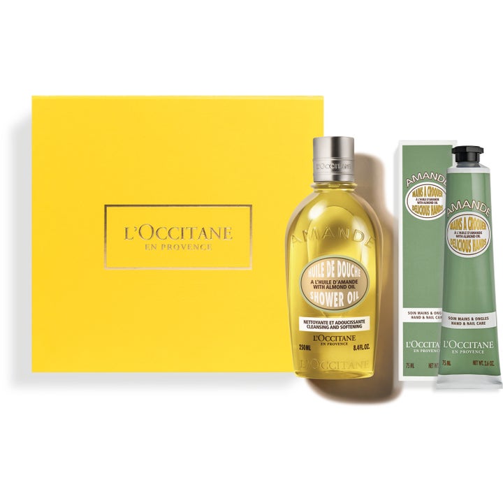 L'Occitane Amande gaveæske 250ml og 75ml fugtgivende kropspleje med shower oil og håndcreme i gul æske