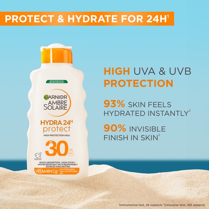 Garnier Ambre Solaire Hydra 24H Protect 175 ml fugtgivende solcreme SPF30 i sandet med Vitamin Cg.
