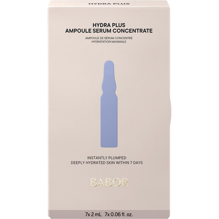 Babor Ampoule Hydra Plus 14 ml fugtgivende serum i beige emballage med blå ampul-illustration