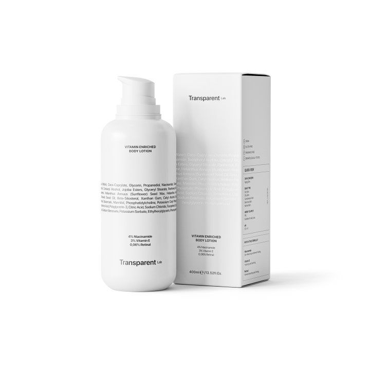 Transparent Lab Vitamin Enriched Body Lotion 400 ml med niacinamid og retinal i hvid pumpeflaske og æske.