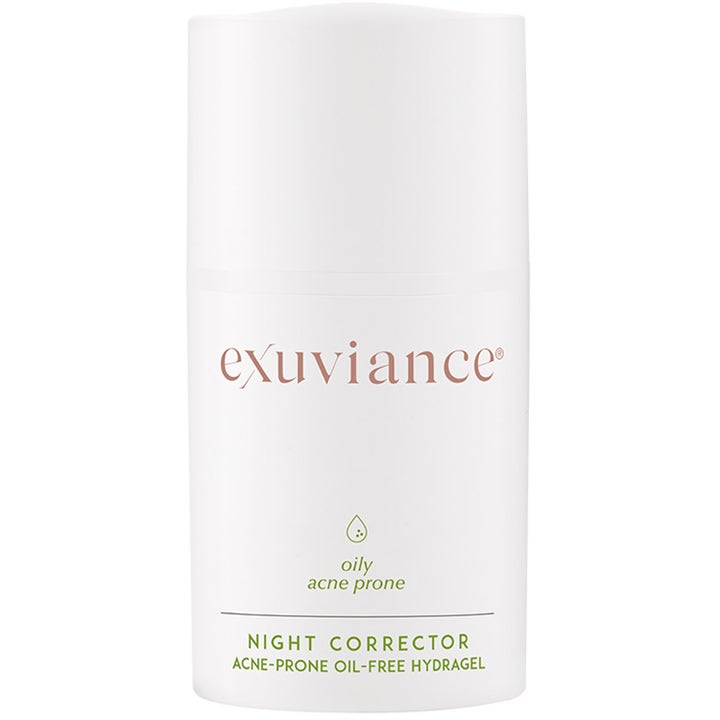 Exuviance Night Corrector oliefri hydragel mod uren hud i en hvid cylinderformet flaske med grøn tekst