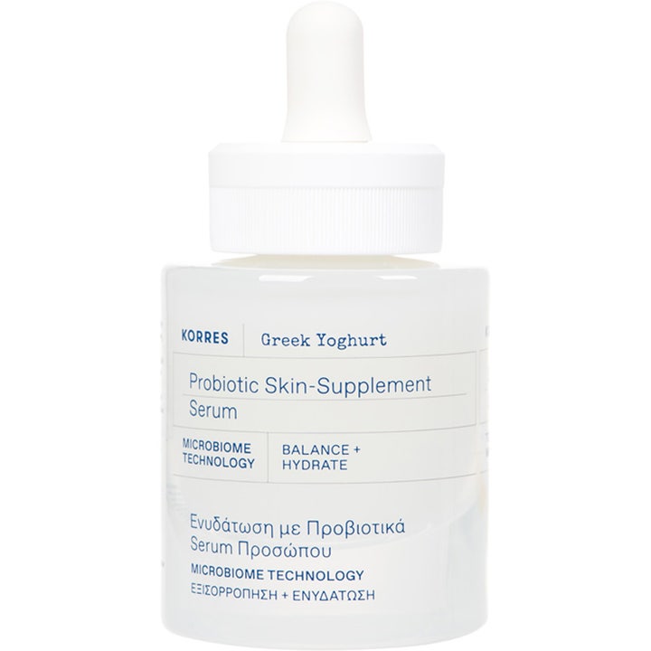 Korres Greek Yoghurt Probiotic Skin-Supplement Serum fugtgivende ansigtsserum i hvid frostet glasflaske med hvid pipette