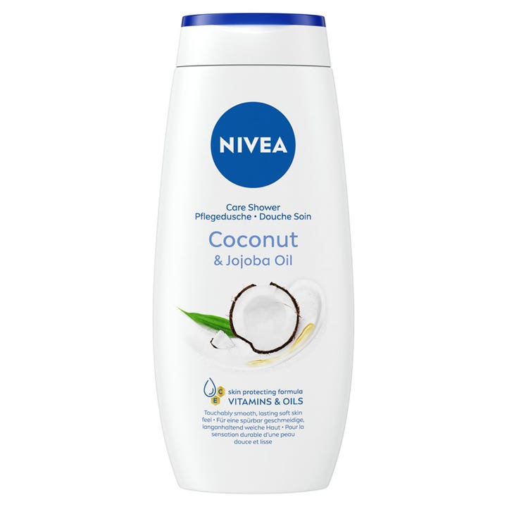 Nivea Care Shower Coconut & Jojoba Oil plejende showergel giver blød hud i hvid plastflaske med blåt låg.