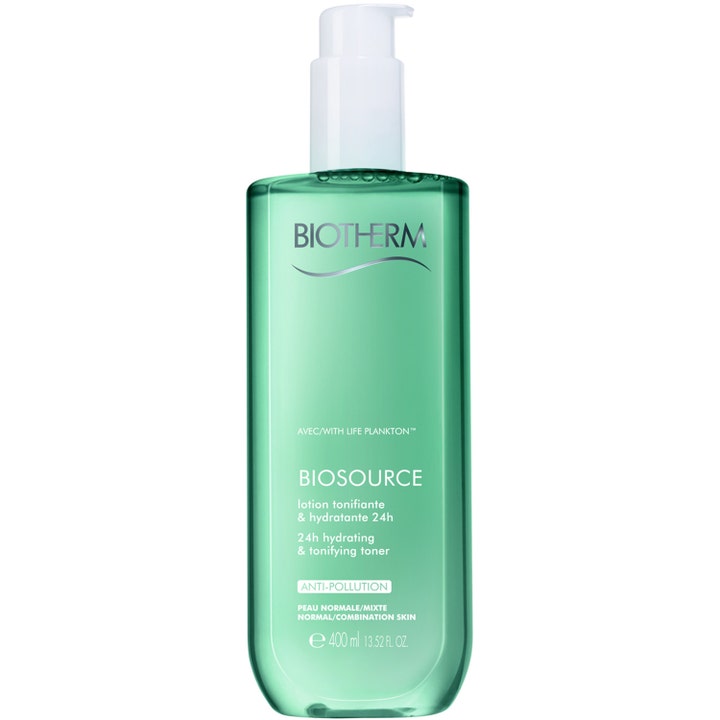 Biotherm Biosource 24h Hydrating Toner 400 ml fugtgivende skintonic i en klar grøn flaske med hvid pumpe