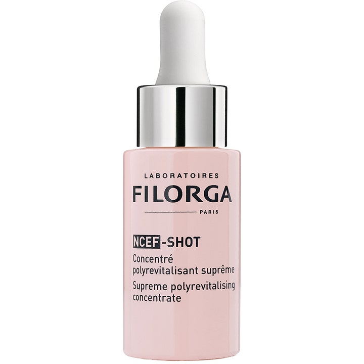Filorga NCEF-SHOT 15 ml revitaliserende ansigtsserum i lyserød glasflaske med sølvdetaljer og hvid pipette