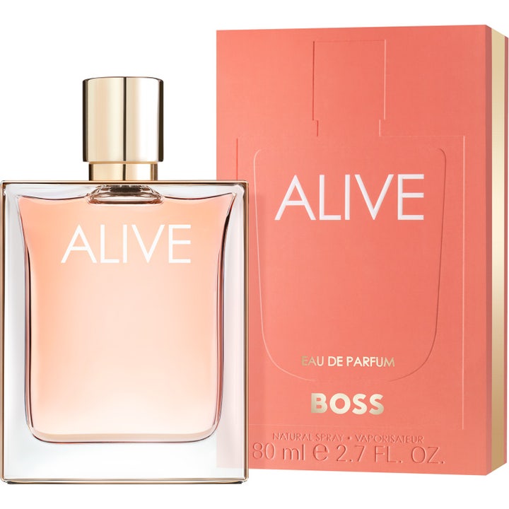 Hugo Boss Alive Eau de Parfum 80 ml dameparfume i glasflakon med guldlåg og koralfarvet æske
