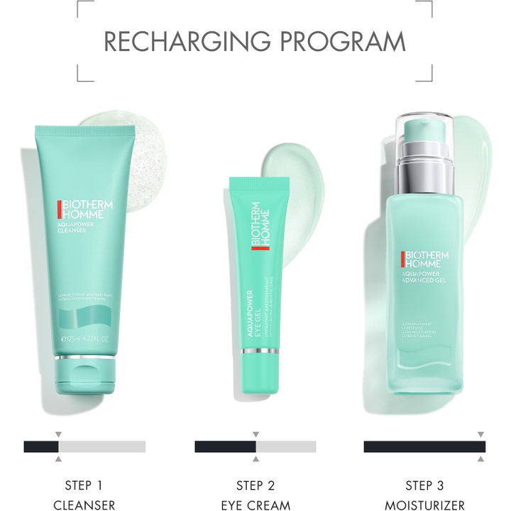 Biotherm Homme Aquapower Cleanser 125 ml rensegel i en turkis tube vist i et tre-trins Recharging Program hudplejesæt.