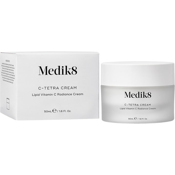 Medik8 C-Tetra Cream 50 ml glødgivende vitamin C dagcreme i frostet glaskrukke ved siden af hvid æske