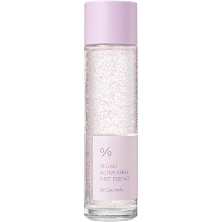 Dr. Ceuracle Vegan Active Berry First Essence 150 ml toner i gennemsigtig flaske med små lyserøde kapsler
