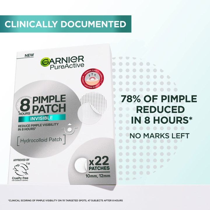 Garnier PureActive Invisible Pimple Patch 22 stk spot treatment mod urenheder i hvid æske med tekst om 8 timers effekt