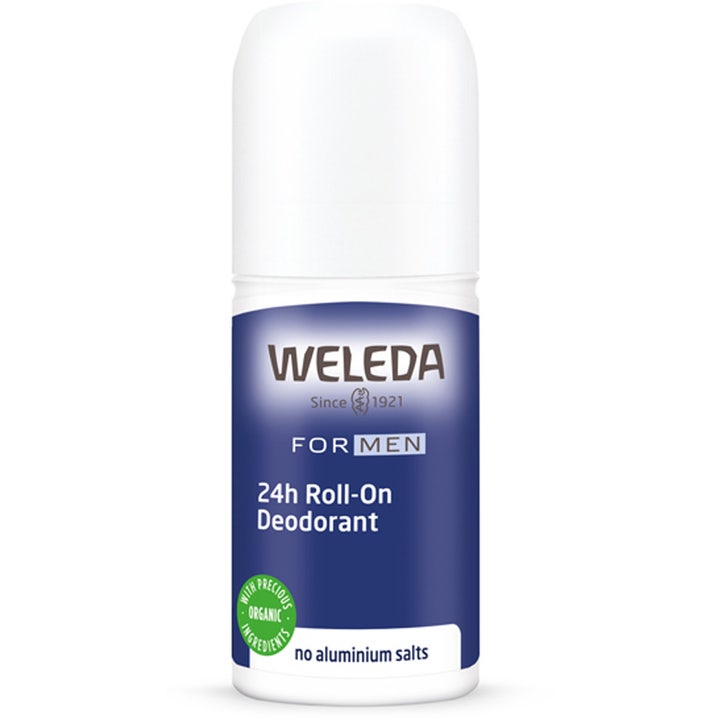 Weleda Men 24h Roll-On Deodorant 50 ml giver naturlig friskhed i en hvid plastikflaske med blå etiket