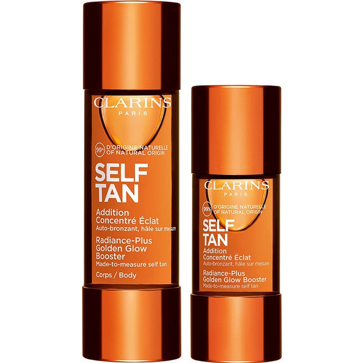 Clarins Self Tan Radiance-Plus Golden Glow Booster selvbrunerdråber til krop og ansigt i to ravfarvede flasker