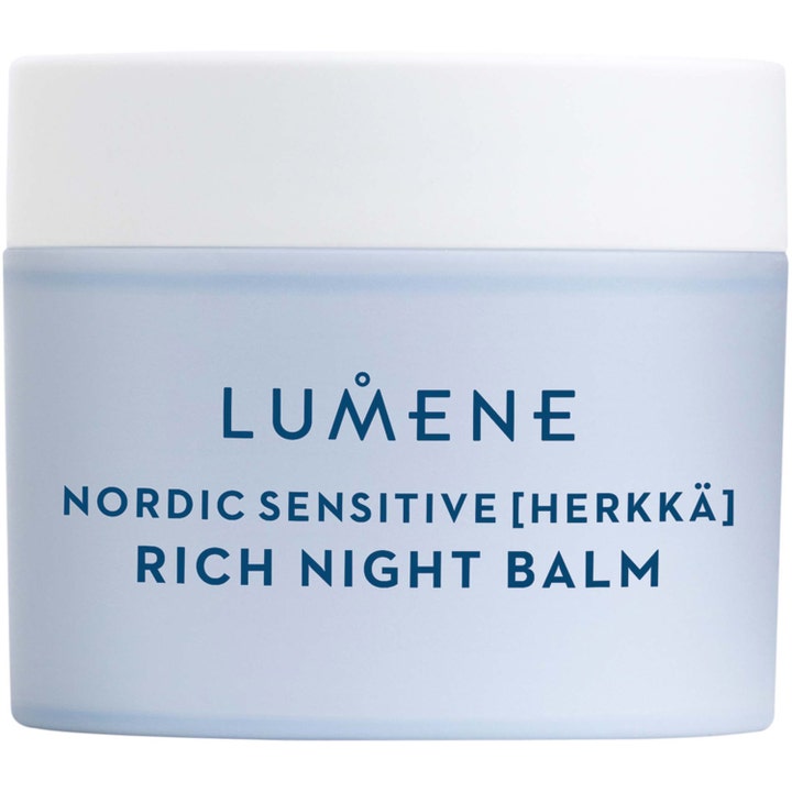 Lumene Nordic Sensitive Rich Night Balm beroligende natcreme til sensitiv hud i lyseblå frostet krukke med hvidt låg