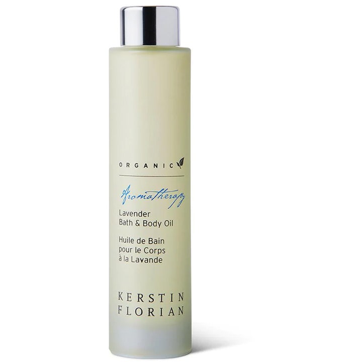 Kerstin Florian Lavender Bath & Body Oil beroligende kropsolie i en høj frostet flaske med sølvlåg