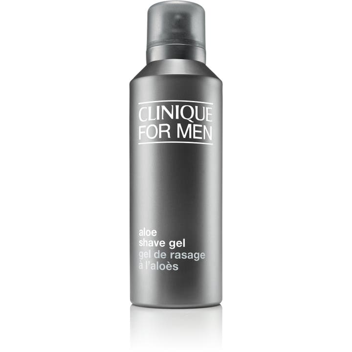 Clinique For Men Aloe Shave Gel 125ml beroligende barbergel i en mat mørkegrå sprayflaske med gennemsigtigt låg.