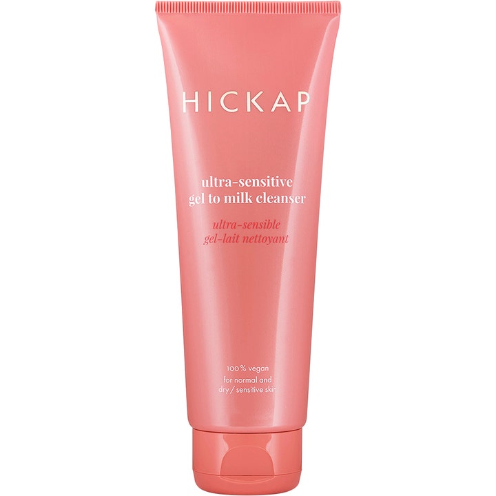 Hickap Ultra-Sensitive Gel to Milk Cleanser beroligende ansigtsrens i ferskenfarvet tube til sensitiv hud