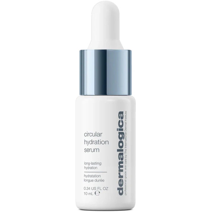 Dermalogica Circular Hydration Serum 10 ml fugtgivende ansigtsserum i hvid flaske med blå metallisk hætte og pipette