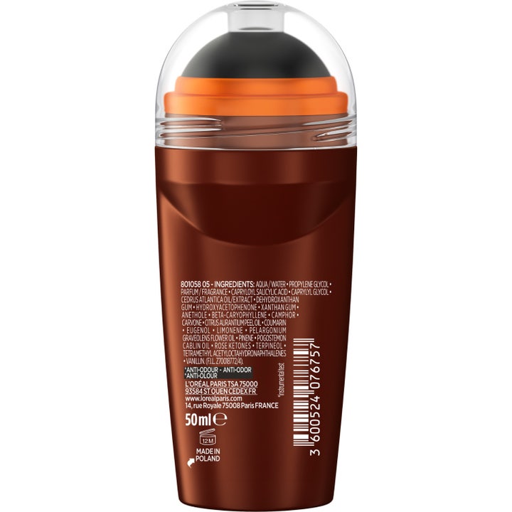 L'Oréal Paris Barber Club 48H Protective Deodorant Roll-On 50 ml herredeodorant i brun flaske med synlig ingrediensliste