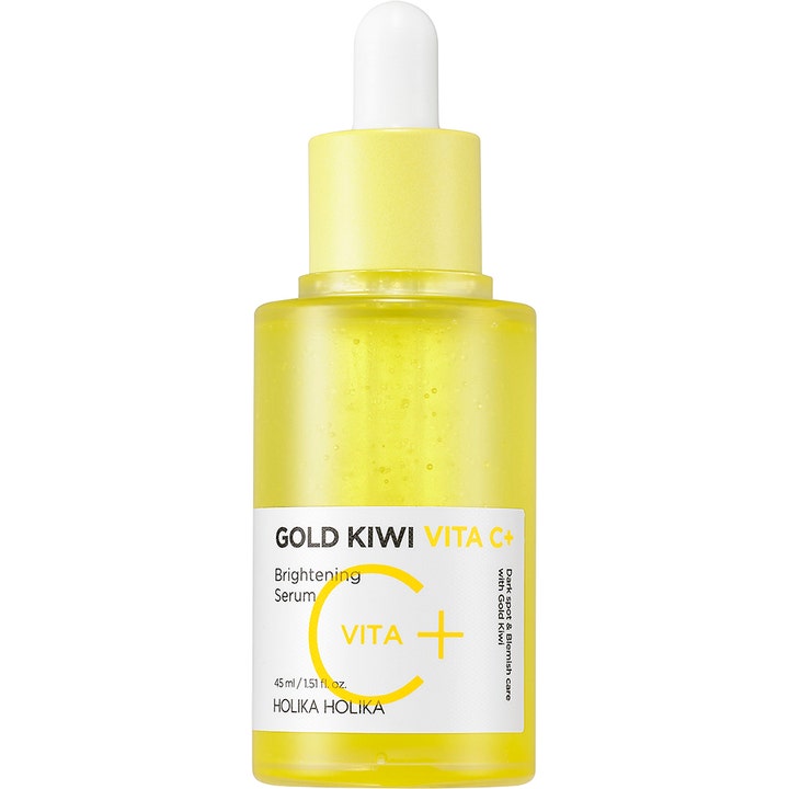 Holika Holika Gold Kiwi Vita C Brightening Serum 45 ml mod mørke pletter i gul glasflaske med pipette