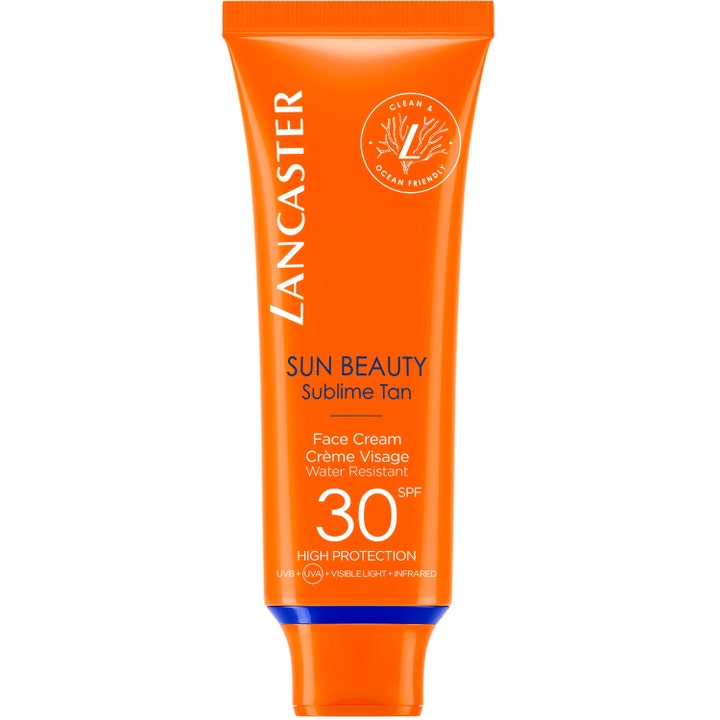 Lancaster Sun Beauty Face Cream SPF 30 solcreme ansigt giver høj beskyttelse i en orange tube med blåt bånd.