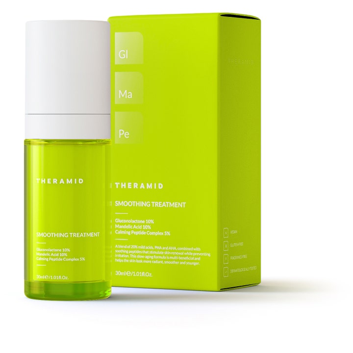 Niche Beauty Lab Theramid Smoothing Treatment 30 ml eksfolierende serum i limegrøn flaske og æske.