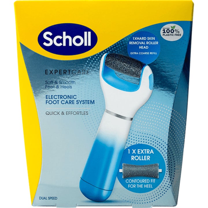 Scholl ExpertCare Electronic Foot Care System 1 stk mod hård hud blå og hvid fodfil i gul emballage