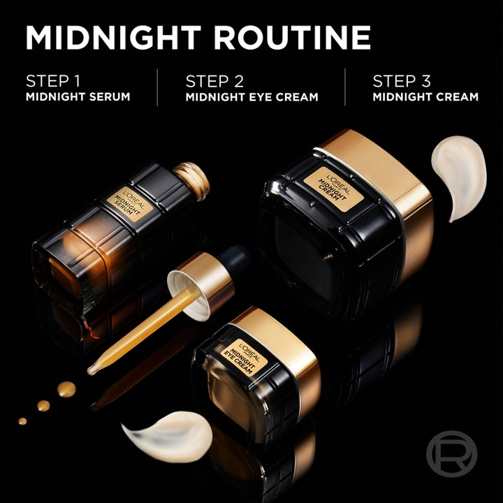 L'Oréal Paris Age Perfect Midnight Eye Cream 15 ml øjencreme i sort krukke med guld detaljer og cremet tekstur