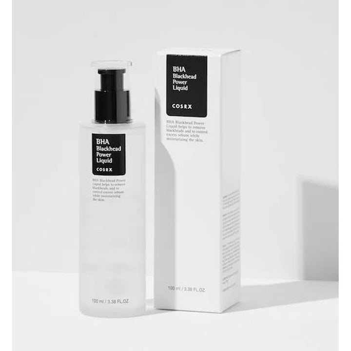 COSRX BHA Blackhead Power Liquid 100 ml eksfolierende toner mod hudorme i hvid flaske med pumpe og æske