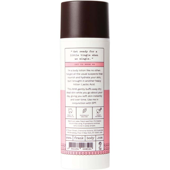 Frank Body Smoothing AHA Body Lotion 140 ml eksfolierende kropspleje med mælkesyre på hvid og lyserød tube