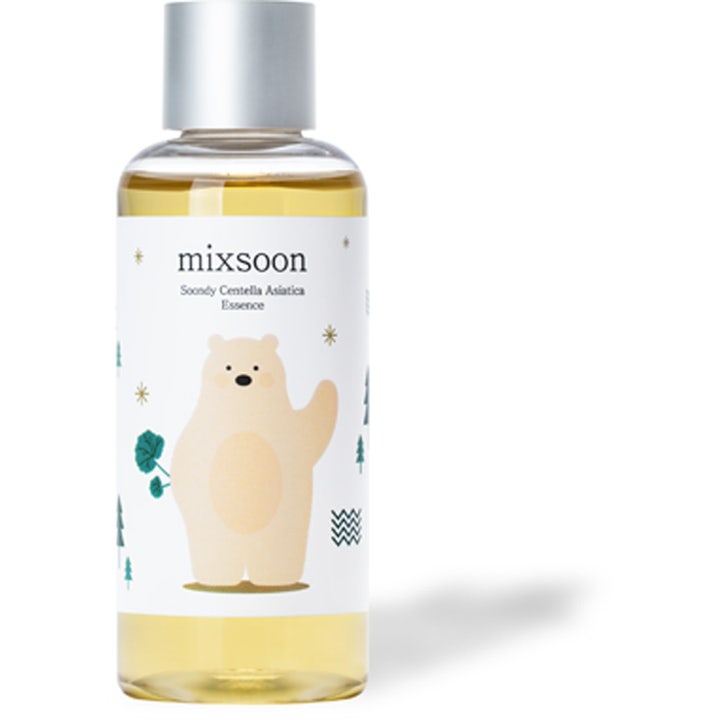 mixsoon Soondy Centella Asiatica Essence 100ml beroligende ansigtssessens i klar flaske med sølvlåg og isbjørn