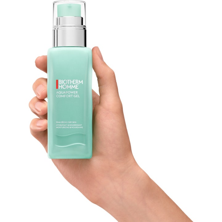 Biotherm Homme Aquapower Comfort 75 ml fugtgivende ansigtscreme med Life Plankton og oligo-elementer i blå bobler.