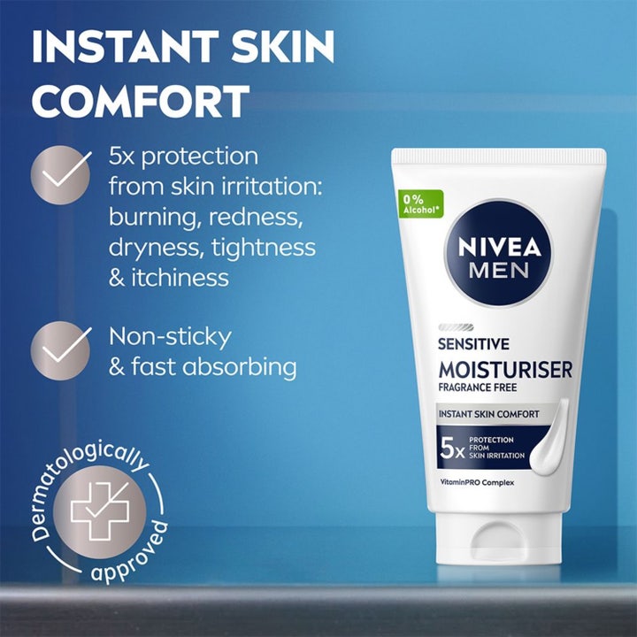 NIVEA MEN Sensitive Face Cream 75 ml beroligende dagcreme i hvid tube og æske med 0% alkohol logo