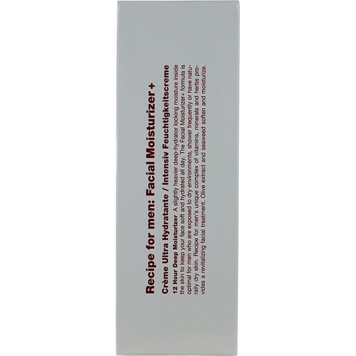 Recipe for men Facial Moisturizer+ fugtgivende ansigtscreme i grå papæske med detaljeret produkttekst