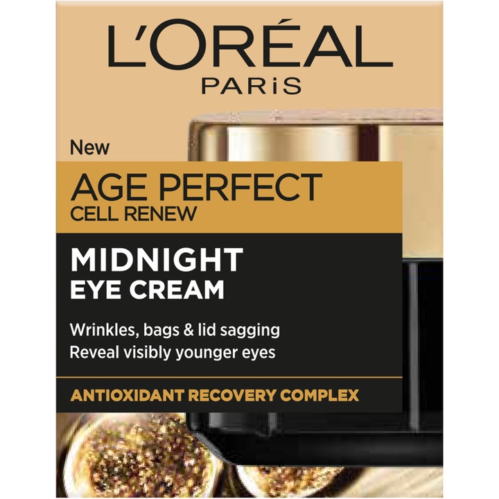 L'Oréal Paris Age Perfect Cell Renewal Midnight Eye Cream 15 ml øjencreme mod rynker i sort og guld æske.