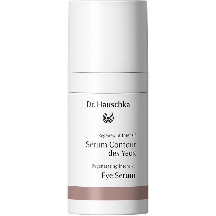 Dr. Hauschka Regenerating Intensive Eye Serum regenererende øjeserum i hvid cylinderformet pumpeflaske med brun detalje.