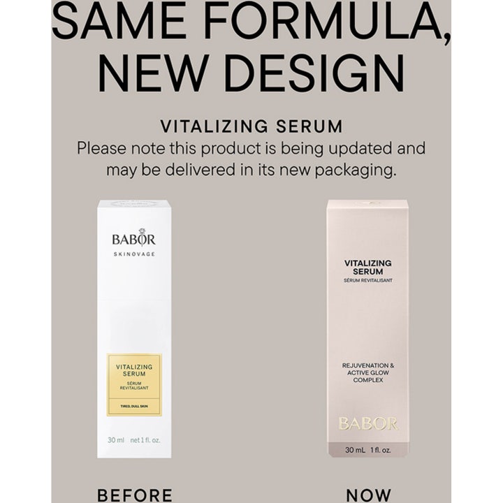 Babor Vitalizing Serum 30 ml giver huden ny energi vist i et stilrent miljø med hvide krukker og gule vaser.