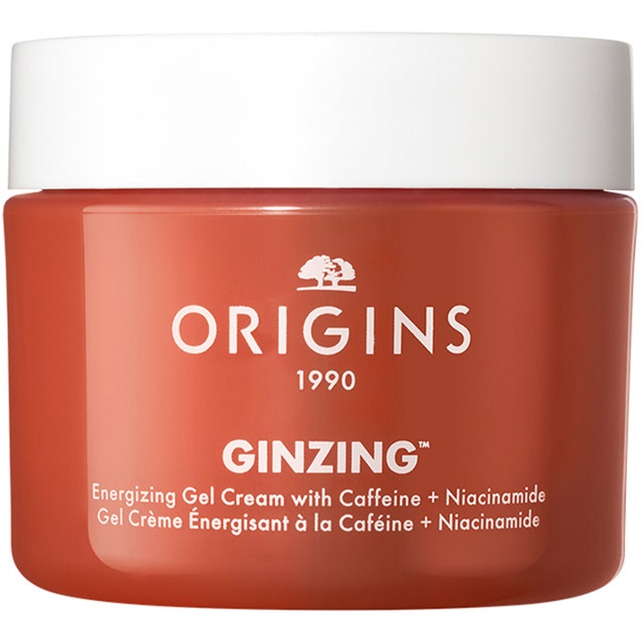 Origins Ginzing Energizing Gel Cream med koffein og niacinamide er en opfriskende ansigtscreme i orange krukke.