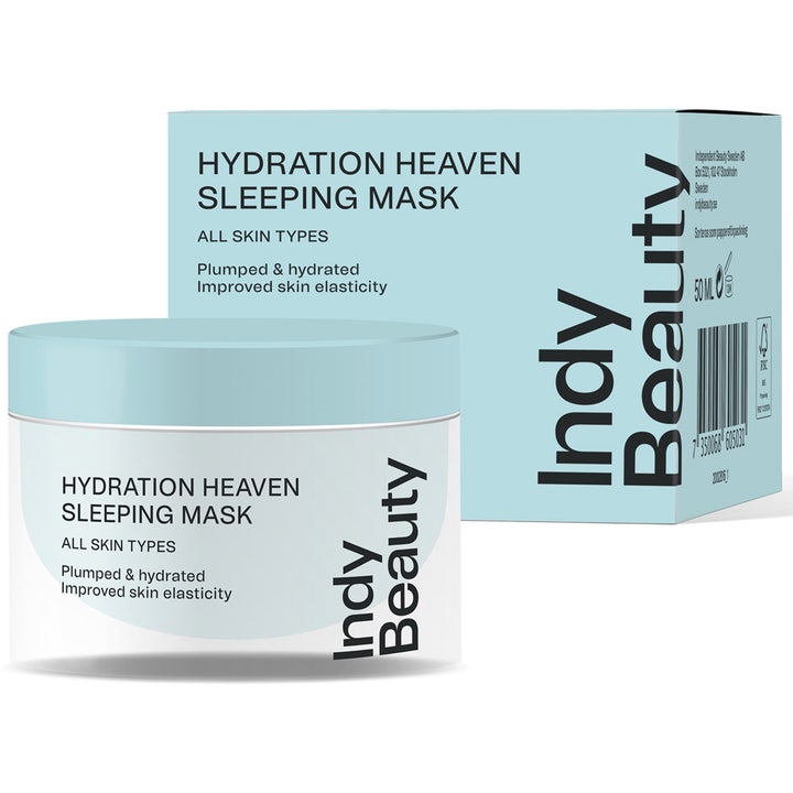 Indy Beauty Hydration Heaven Sleeping Mask 50 ml fugtgivende natmaske i hvid krukke med lyseblåt låg og æske.