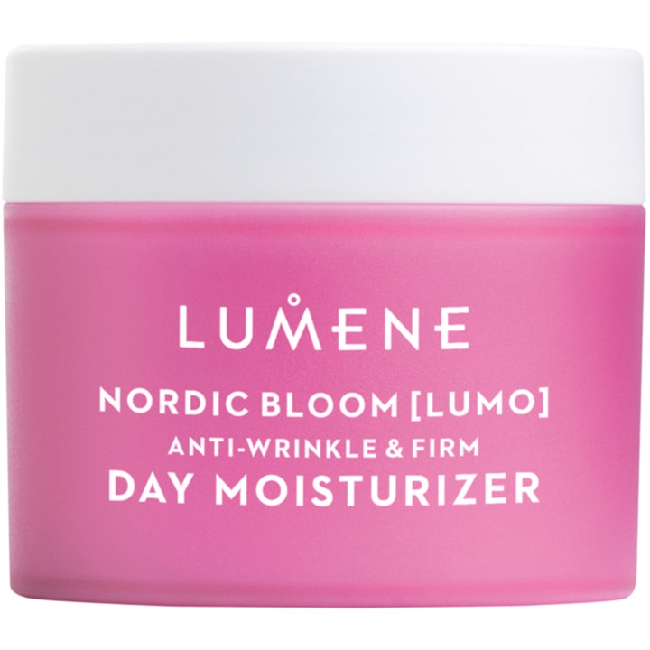 Lumene Nordic Bloom Lumo opstrammende dagcreme mod rynker i en lyserød frostet krukke med hvidt låg