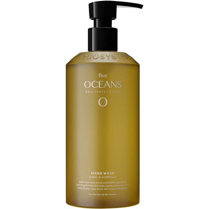 Five Oceans Hand Wash Amber & Wildflower 500 ml fugtgivende håndsæbe i en mat olivengrøn flaske med sort pumpe.