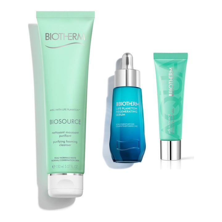 Biotherm Life Plankton og Aquasource hudplejesæt med regenererende serum og fugtgivende gel i blå og grønne tuber.