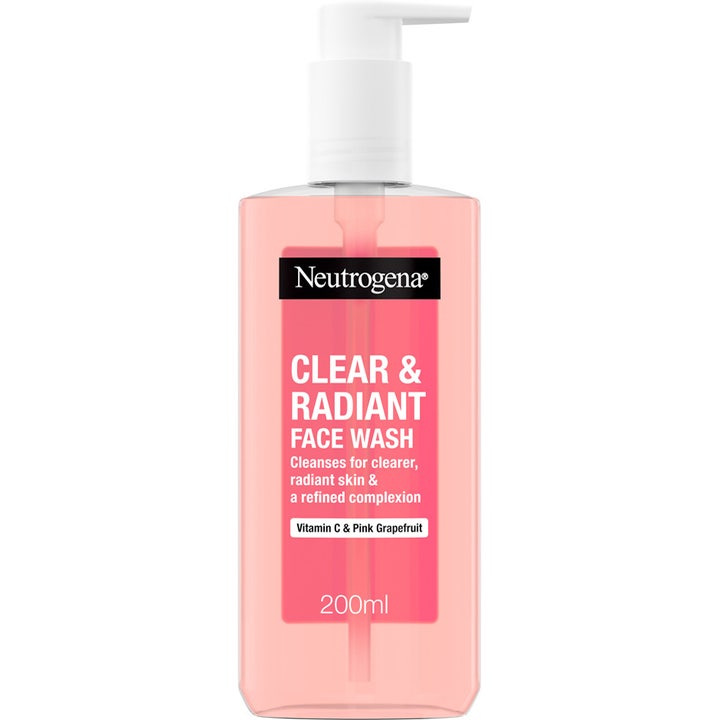 Neutrogena Clear & Radiant Face Wash 200 ml ansigtsvask med C-vitamin giver strålende hud i gennemsigtig flaske med lyserød gel