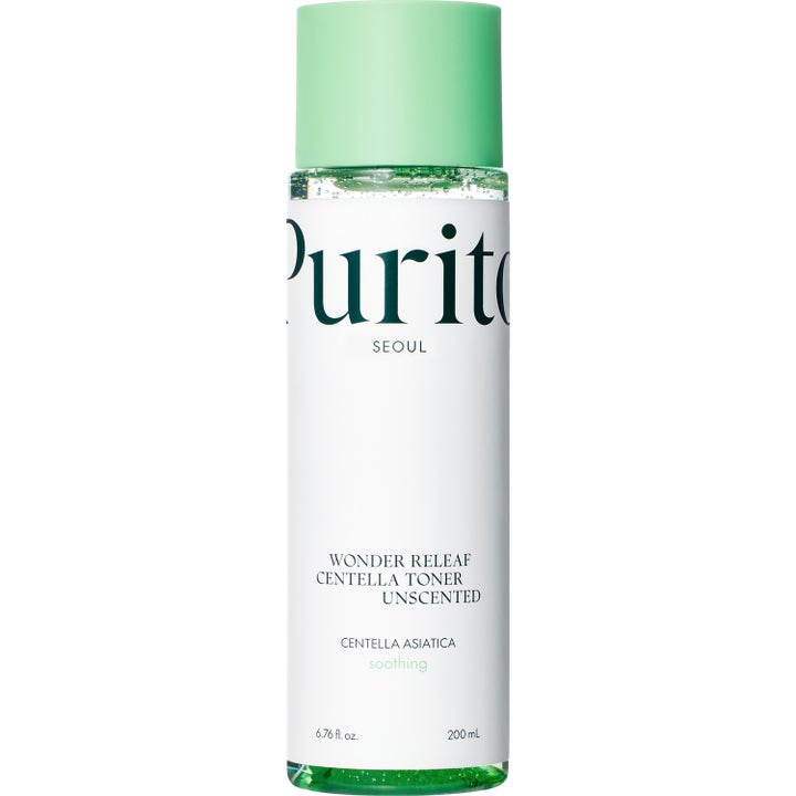 Purito Seoul Wonder Releaf Centella Toner 200 ml beroligende ansigtstoner i gennemsigtig flaske med lysegrønt låg
