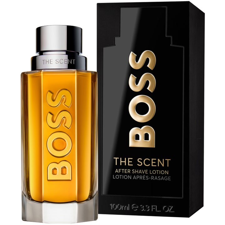 Hugo Boss Boss The Scent 100 ml after shave lotion i ravfarvet glasflakon med sort emballage.